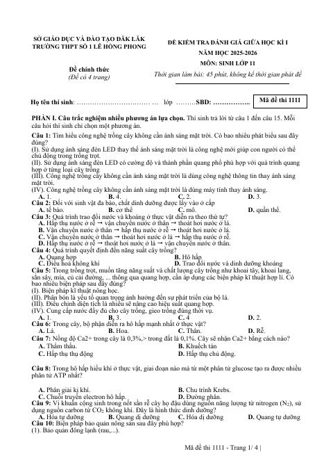 Đề thi Giữa kì 1 Sinh học 11 năm 2025-2026 trường THPT số 1 Lê Hồng Phong (Đắk Lắk)
